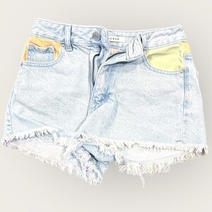 Agolde Light Blue Jean Shorts with Tan and Green Accents